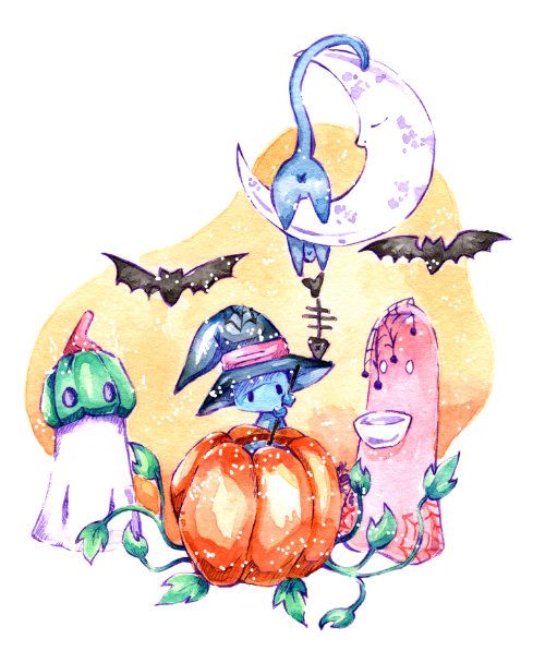 Katze feiert Halloween Fest mit Geistern und Fledermaus