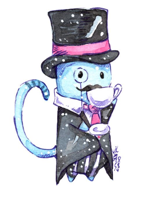 Blaue Katze mit Tee in britischer Kleidung