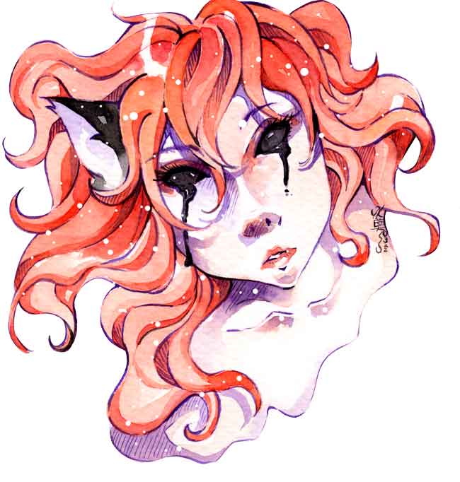 rothaarige Manga Catgirl mit schwarzen Tränen