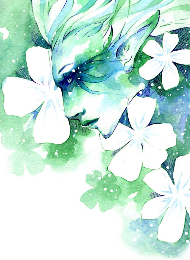 Seitenansicht grüne Elfe mit weißen Blüten