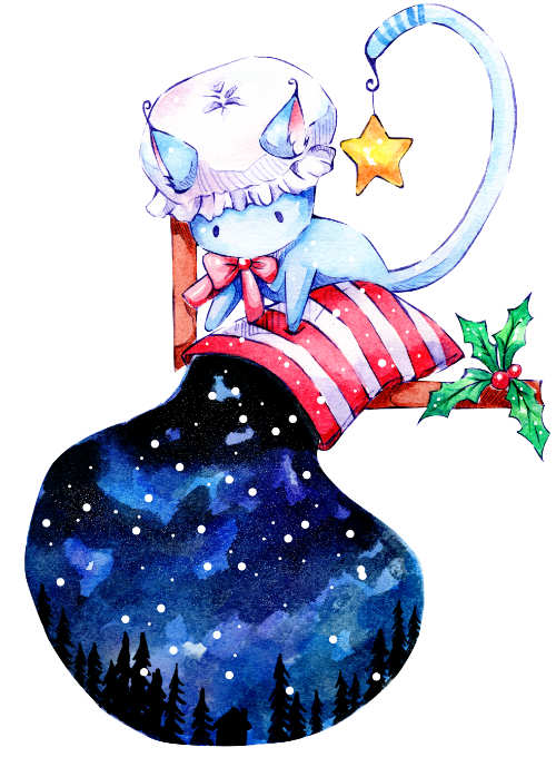 Blaue Manga Katze schüttet Schnee auf Kopfkissen