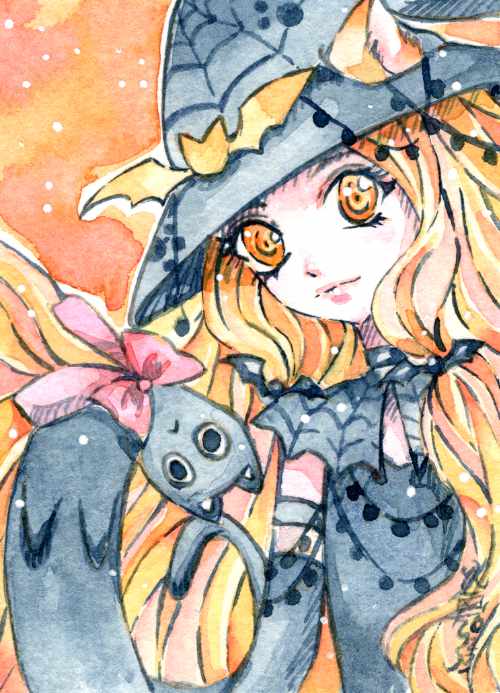 Hexe mit Katzenohren und schwarzer Katze