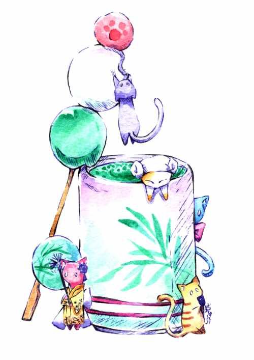 5 Manga Katzen spielen um eine Tasse Matcha und Dango