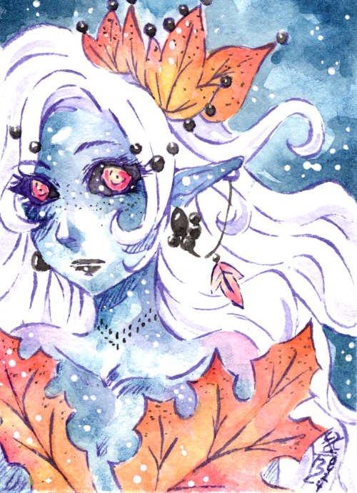Blauhäutige Elfe mit weißen Haaren, Aquarell Zeichnung