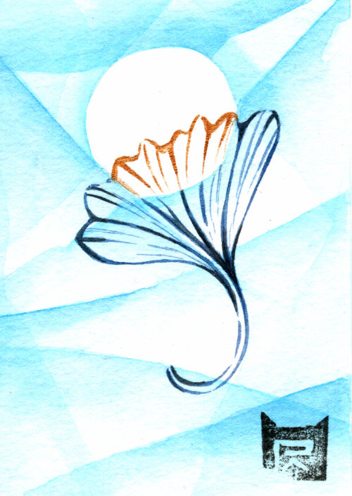 Aquarell Zeichnung Ginkgo, blau mit Gold